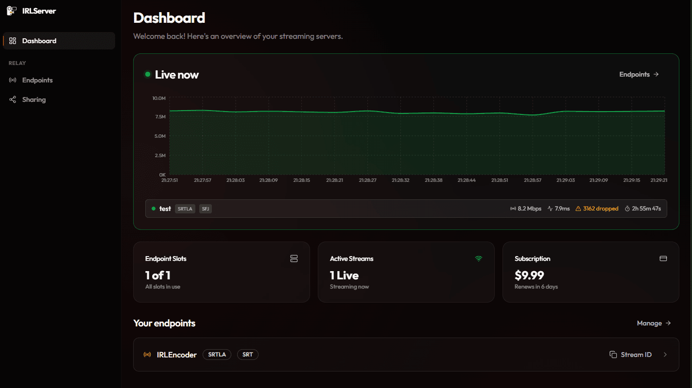The IRLServer dashboard: a live stream at 8.2 Mbps with its bandwidth graph, endpoint slots in use, and a relay endpoint with the protocols it accepts.